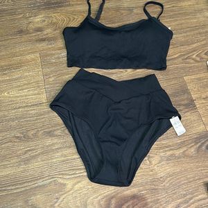 Aerie black ribbed bikini swimwear cheeky beach vacation 2 piece
